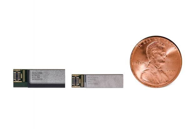5G relies in part on short-frequency millimeter-wave wireless to send huge amounts of data over small distances. Small antennas mean receiver chips, center and left, can be built into tiny devices.