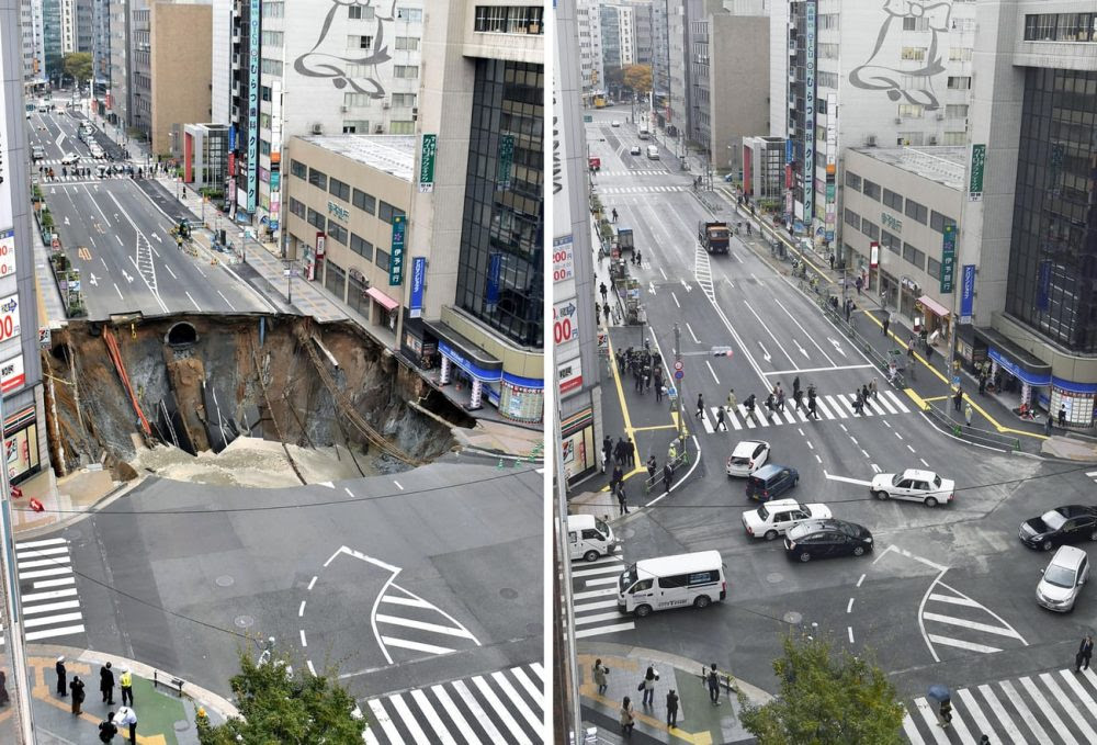 Imagem de um buraco em uma avenida de Fukuoka que foi consertado em uma semana