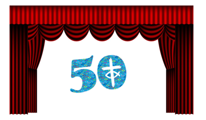 Theatre curtain with URC 50 logo