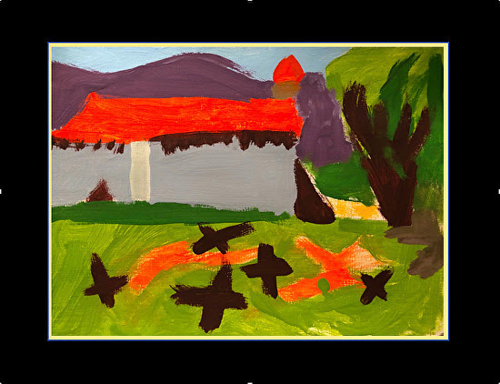 Tempera painting by a third grade student, double mounted on paper, 9 x 12