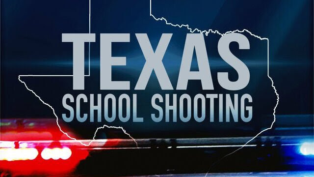A graphic for the Texas school shooting with police lights in the forefront