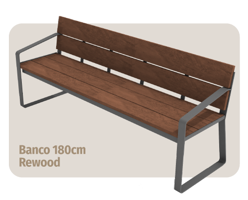 Texto alternativo móvel para área externa: banco de madeira plástica rewood de 180cm de largura que não estraga com sol ou chuva