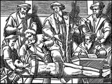 Image of a woodcut depicting waterboarding.