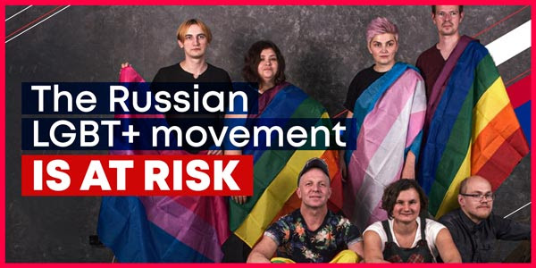 The photo shows a group of people wrapped in LGBT+ flags. The text on the image is 'The Russian LGBT+ movement is at risk'