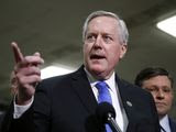 FILE - In this Jan. 29, 2020, file photo, Rep. Mark Meadows, R-N.C., speaks with reporters during the impeachment trial of President Donald Trump on charges of abuse of power and obstruction of Congress on Capitol Hill in Washington. President Donald Trump has named Meadows as his chief of staff, replacing Mick Mulvaney, who had been acting in the role. (AP Photo/Patrick Semansky, File)