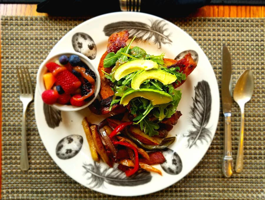 Brewery Gulch Inn serves up delicious dishes like this fresh salad, mixed fruit and roasted peppers at their inn just outside Mendocino along California's beautiful north coast