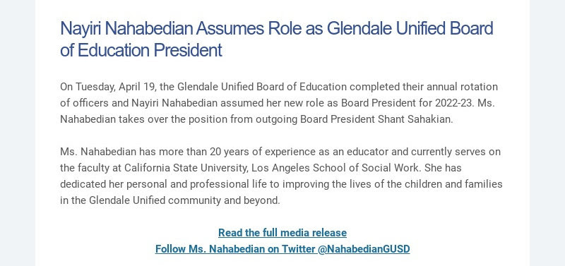 Nayiri Nahabedian assume le rôle de président du Conseil unifié de l'éducation de Glendale le mardi 4 avril...