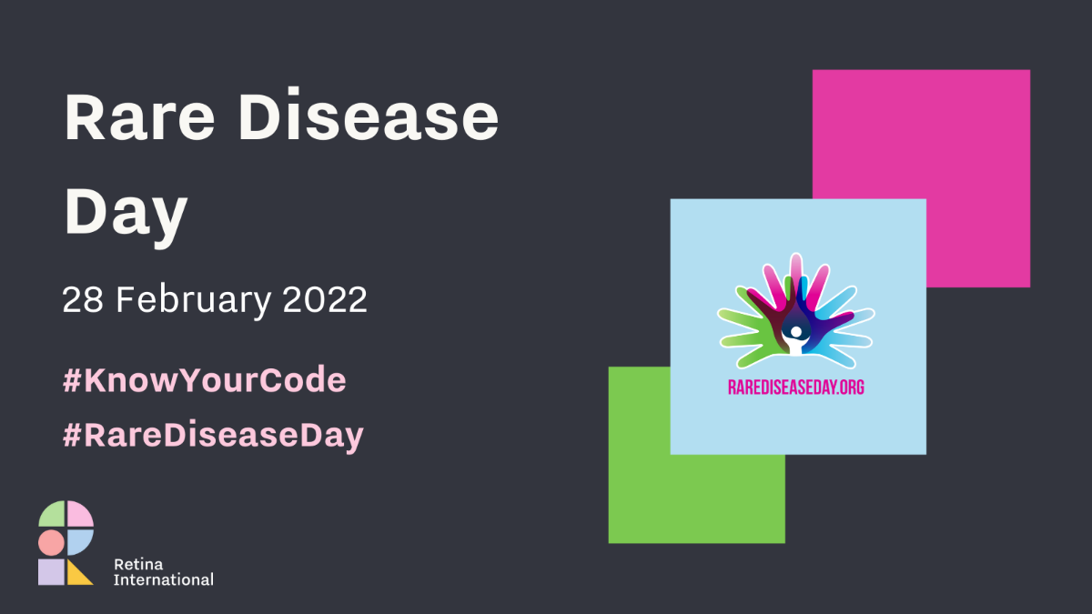 Charcoal graphic with three squares in green, light blue, and fuchsia. Rare Disease Day logo in light blue square. Colorful R I logo in bottom left corner. Text reads Rare Disease Day, 28 February 2022. Hashtag Know Your Code. Hashtag Rare Disease Day.