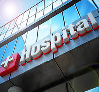 Hospital building exterior and hospital sign