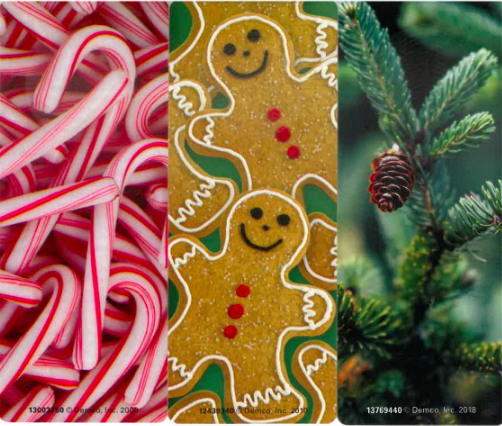 Images of scented bookmarks:  candycane, gingerbread, and fir