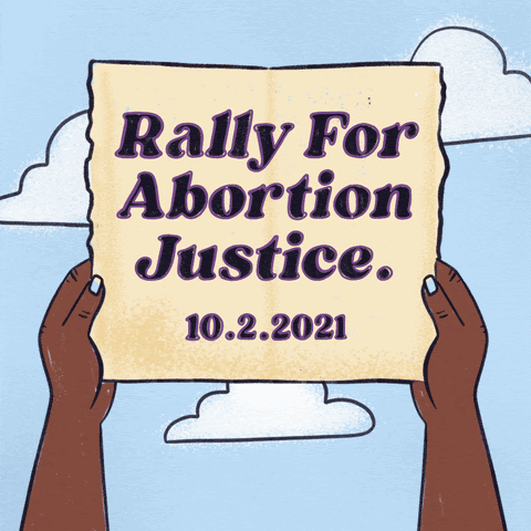 Images of someone holding a sign with the words "rally for abortion justice" on it and the October 2nd date 