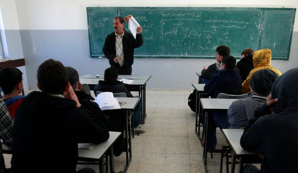 כיתת לימוד בבית ספר ברמאללה, ב-2013. משלחת פלסטינית לבריסל ניסתה לבלום את המהלך