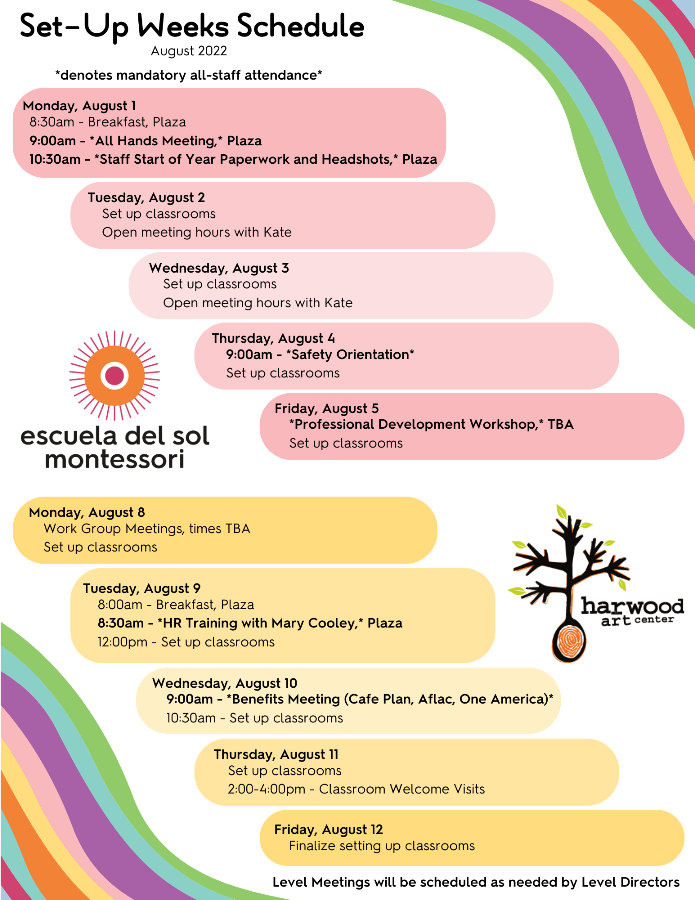 SetUp Weeks Schedule and Updates • Escuela del Sol Montessori