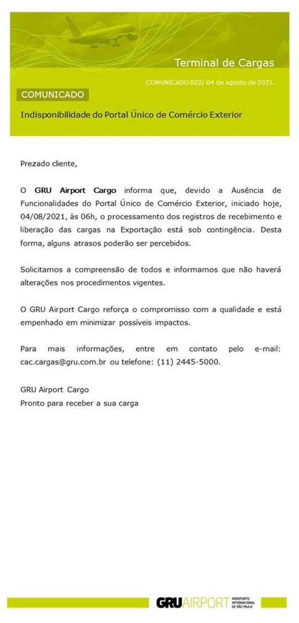 COMUNICADO GRU AIRPORT - Indisponibilidade do Port