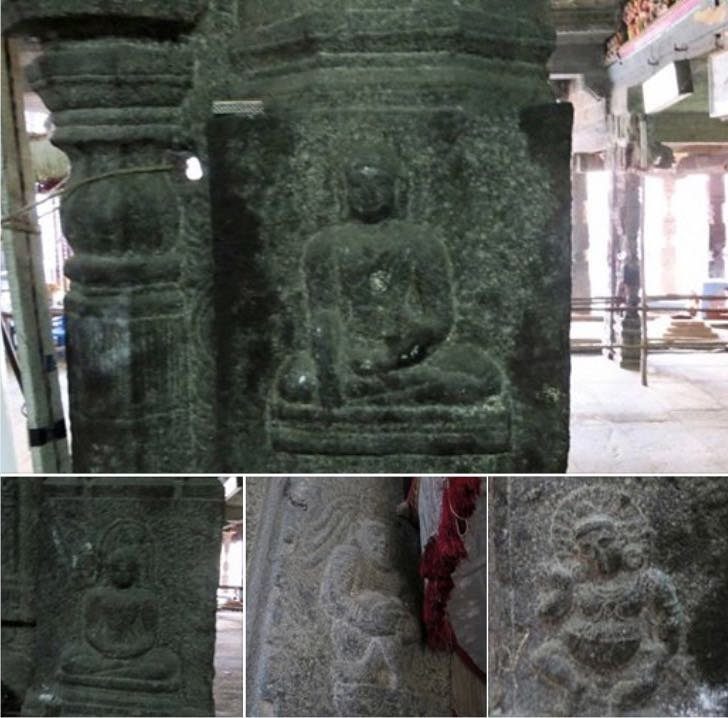 Pillars with Buddha, Bodhisattva and Buddhist Yogi images in the Kachapeshwarar Temple, Kanchi.