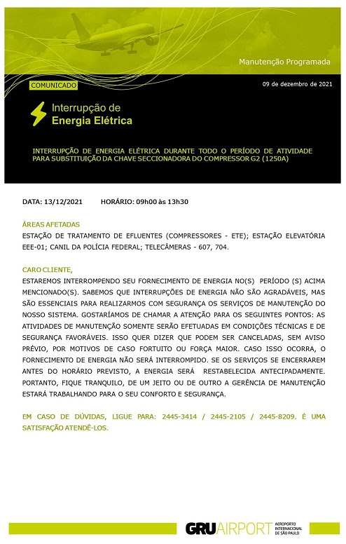 comunicado gru airport - Interrupção momentanea