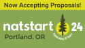 Logo for NatStart24 Portland, OR on green background with the words Now Accepting Proposals!