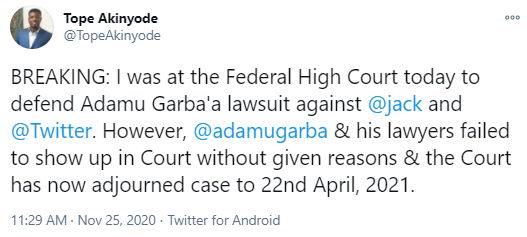 Case adjourned as Adamu Garba and his lawyers fail to appear in court for hearing in his bn suit against Twitter owner, Jack Dorsey