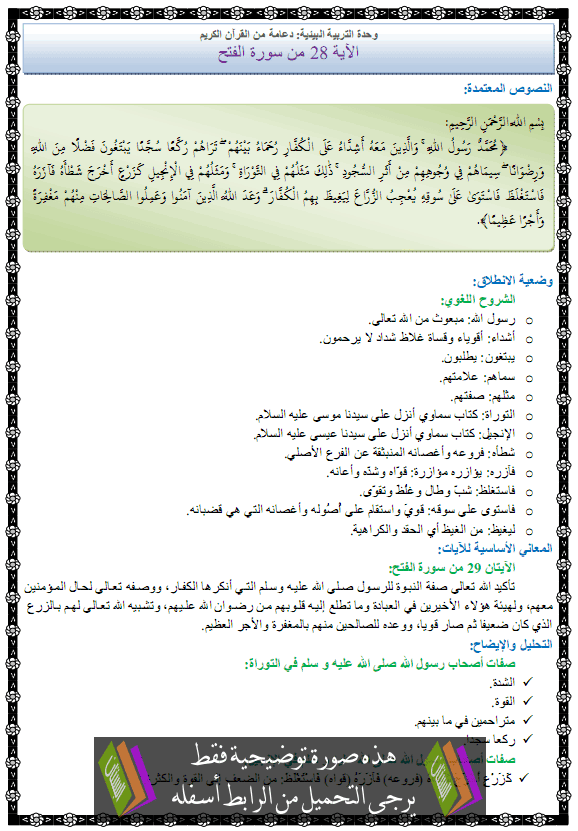 درس التربية الإسلامية: الآية 29 من سورة الفتح – الثالثة إعدادي Alfath29