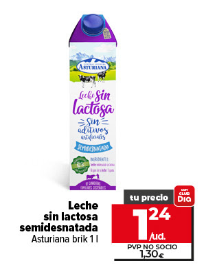 Leche sin lactosa semidesnatada Asturiana brik 1 l, tu precio con CLUBDia a 1,24/ud. Pvp no socio 1,30€