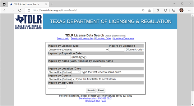 TDLR License Search Screen