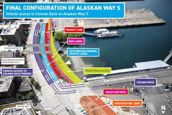 Map of Alaskan Way showing two northbound lanes turning left into Colman Dock and construction zone, pedestrian access, bike and transit lanes