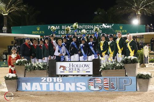 The top three teams of USA_ Brazil_ and Ireland in the 2016 Hollow Creek Farm FEI Young Rider Nations_ Cup.