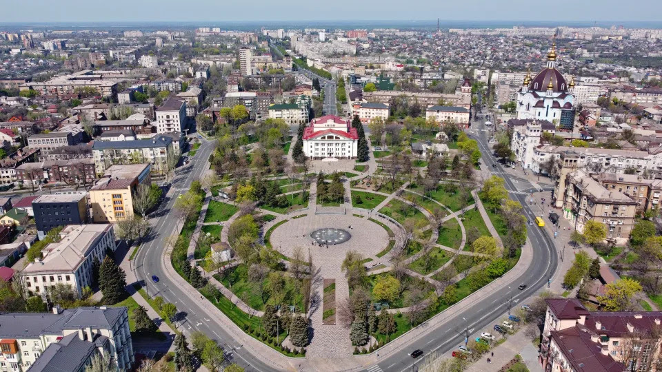 The theater square in Mariupol, Ukraine.