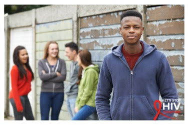 The figure is a photo of a group of adolescents overlaid with the text let’s stop HIV together.