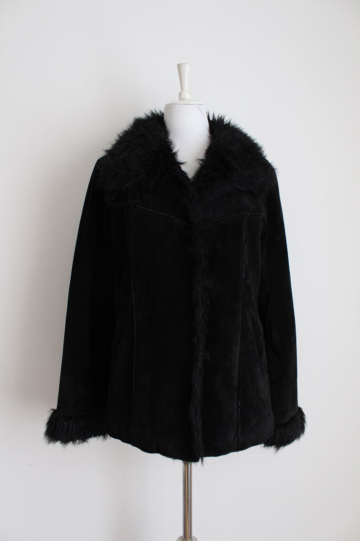 GENUINE SUEDE LEATHER BLACK FAUX FUR JACKET - SIZE 12