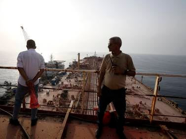 Crew on the FSO Safer oil tanker in the Red Sea, off Yemen. EPA