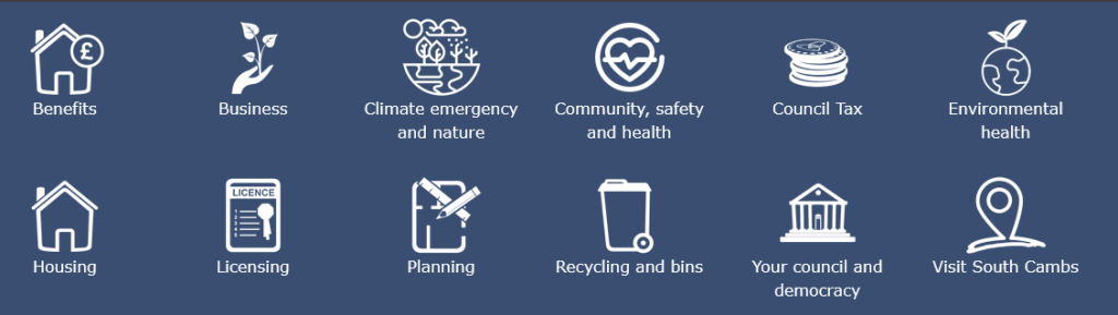 Menu icons on South Cambridgeshire District Council home page