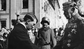 Germany's new chancellor, Adolf Hitler, being congratulated by President Paul von Hindenburg, Potsdam, March 1933.