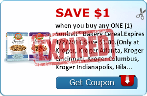 Save $1.00 when you buy any ONE (1) Sunbelt® Bakery Cereal.Expires 4/2/2014.Save $1.00.(Only at Kroger, Kroger Atlanta, Kroger Cincinnati, Kroger Columbus, Kroger Indianapolis, Hilander, PayLess, Owen's, Kroger Memphis, Kroger Michigan, Kroger Mid Atlanti