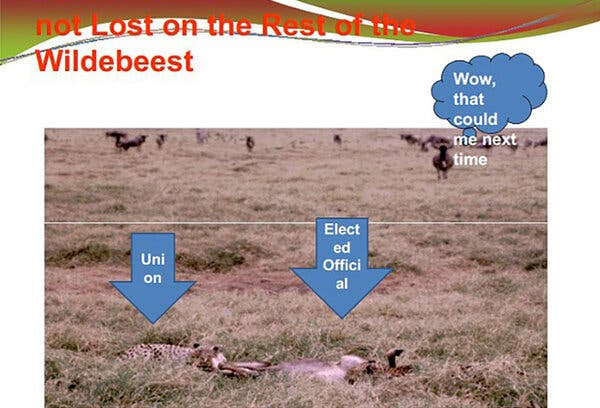 A slide from a presentation Mr. DeLord gave to
union officials.