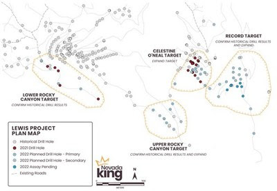 Figure 1. Location of Nevada King’s 2022 completed and planned drill holes as well as Nevada King’s 2021 drill holes relative to historical drill holes at Lewis. (CNW Group/Nevada King Gold Corp.)