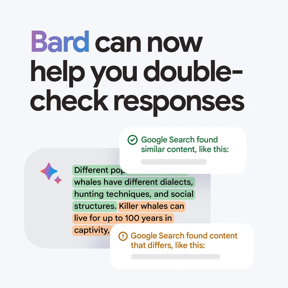 A graphic with the text “Bard can now help you double-check responses” with examples underneath.