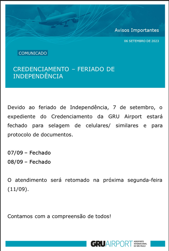 COMUNICADO GRU AIRPORT -CREDENCIAMENTO  FERIADO DE