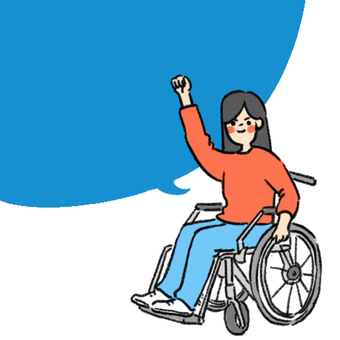 Animation of woman in wheelchair with fist raised, with a speech bubble reading "Our time now to build a country where all of us can THRIVE"
