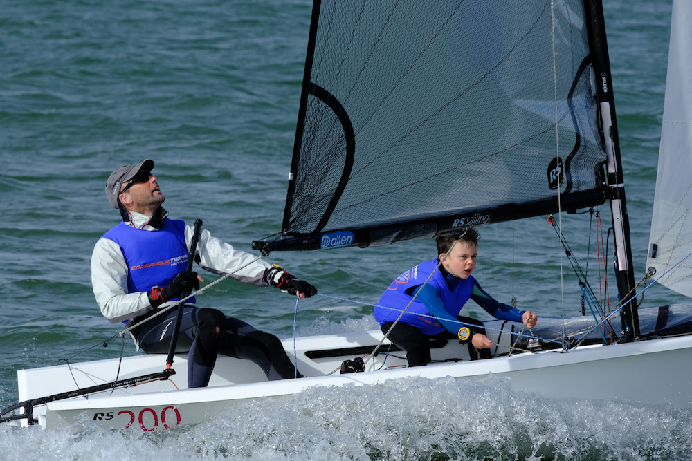 Benjamin Pascoe (7) in action downwind with his dad Sam (505) – photo Roger Mant