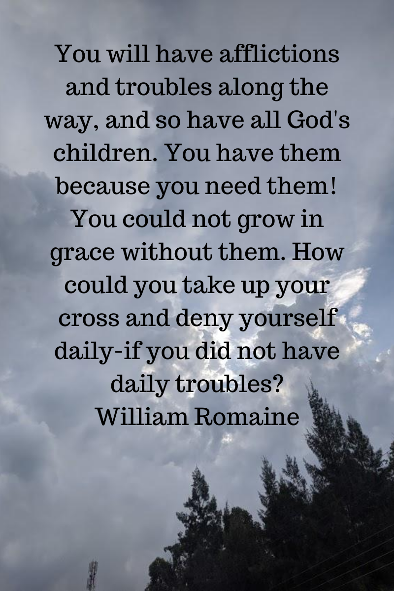 You will have afflictions and troubles along the way, and so have all God's children. You have them because you need them! You could not grow in grace without them. How could you take up your cross and deny yoursel.png