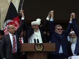 Afghan President Ashraf Ghani (center) held his inauguration with second Vice President Sarwar Danish (right) and first Vice President Amrullah Salehnistan on Monday. (ASSOCIATED PRESS)