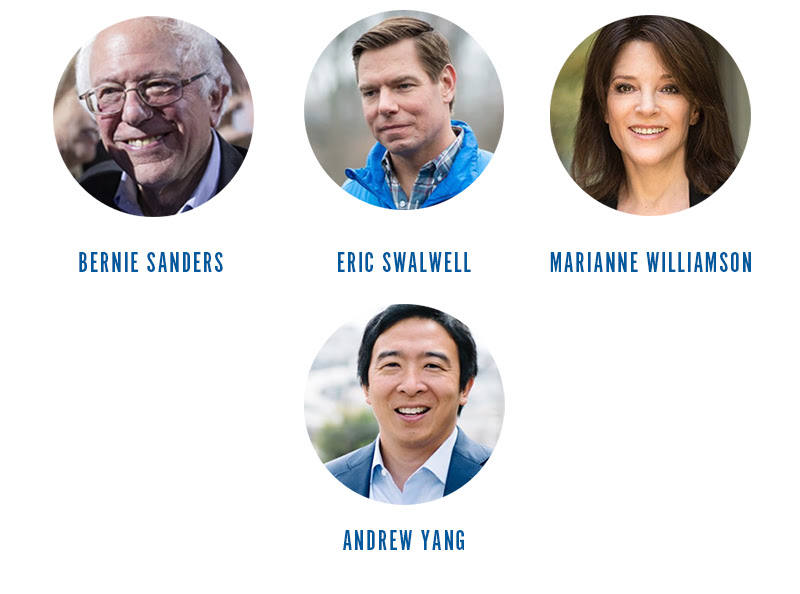 Bernie Sanders, Eric Swalwell, Marianne Williamson, Andrew Yang