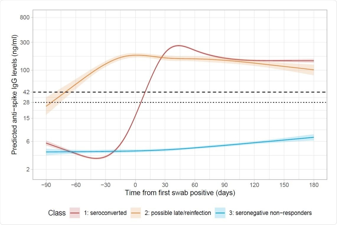 Predicted anti-spike IgG trajectories in participants with natural SARS-CoV-2 infection from latent class mixed models in 7,256 participants (with standard error of the prediction). Black dashed line indicates the assay threshold for IgG positivity (42 ng/ml) and the dotted line at 28 ng/ml (indicates level associated with 50% protection against reinfection). The 95% confidence interval are calculated by a Monte Carlo approximation of the posterior distribution of the predicted values. Restricted natural cubic splines (internal knots at -10,30,60 days, and boundary knots at -60 and 140 days) were used to model time (see methods)