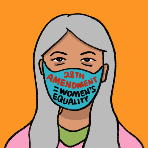 Image of alternating women wearing a mask. Written on the mask is "20th amendment. Women's equality"