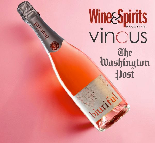 Bottle of  Biutiful Cava Brut Rosé by Isaac Fernandez with Wine & Spirits Magazine, Vinous and The Washington Post word logos.