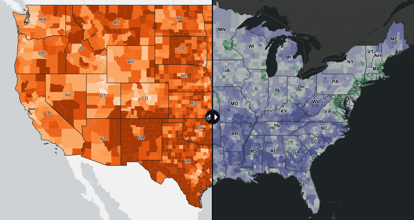 Map shows that areas lacking internet and cellular coverage also have low poverty levels. Often these areas are in Black, Brown, Native American and rural communities.