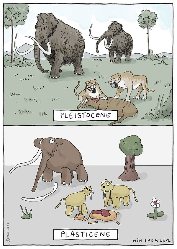 Cartoon showing mighty creatures of the Pleistocene and not-so-mighty blobs of plasticine