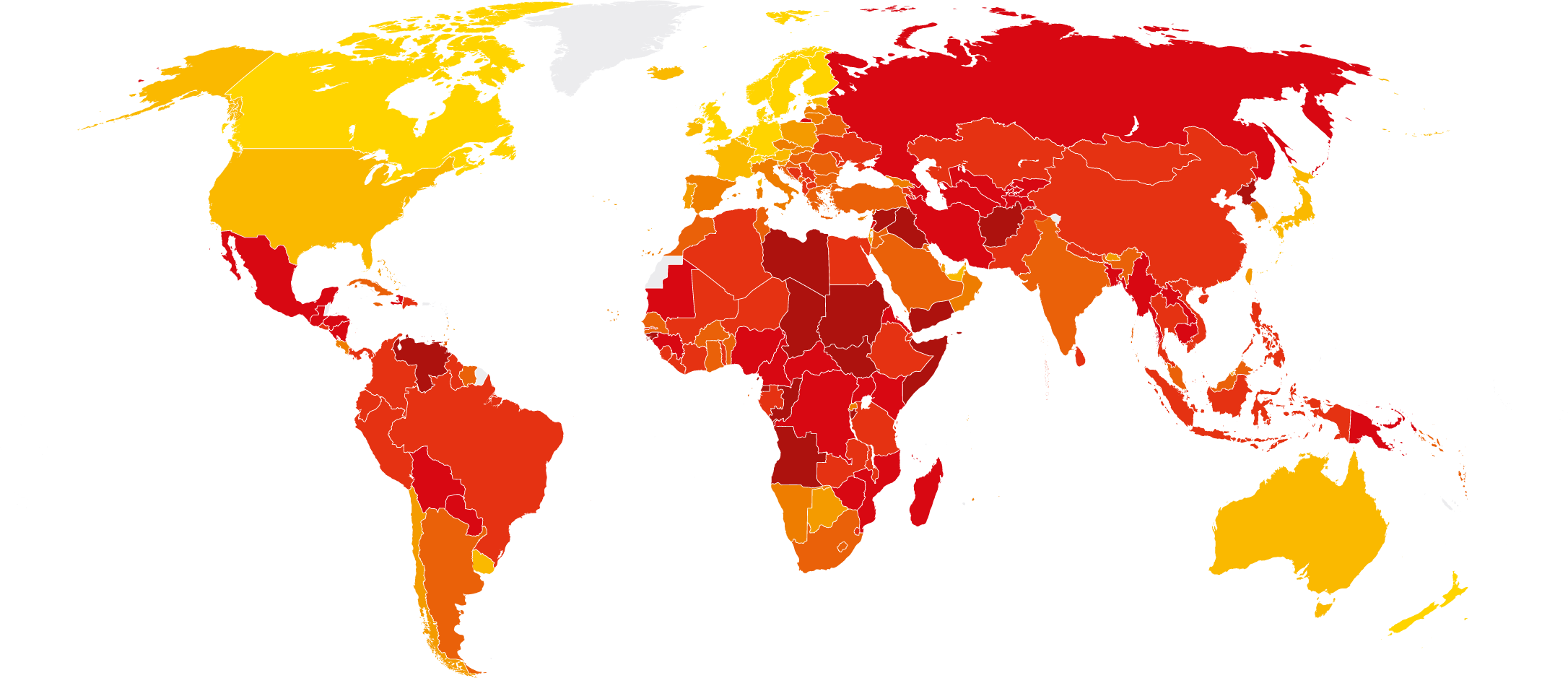 Grfico do mapa-mundi com a escala de cores do IPC 2019