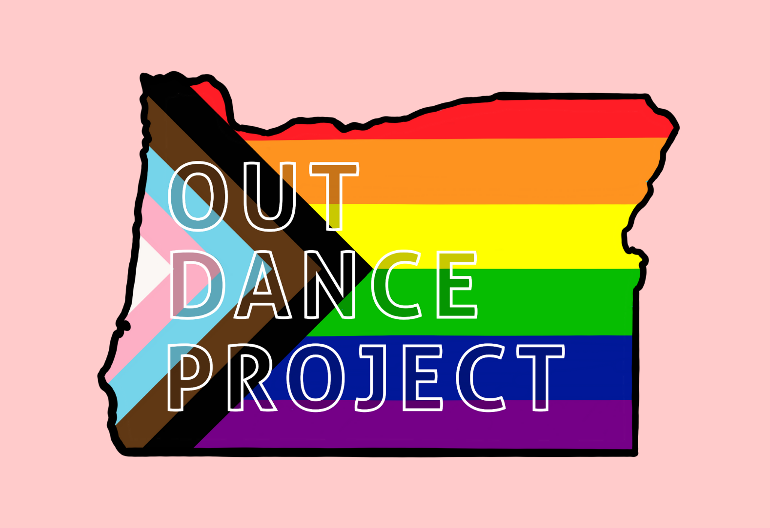 OUTDance 项目标志俄勒冈州的形状，带有骄傲的旗帜颜色